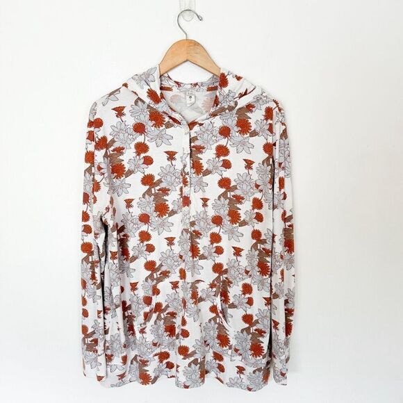 Kate Quinn Women’s Blue Rust Retro Floral Bamboo Blended 1/4 Button Hooded Top - Picture 2 of 8